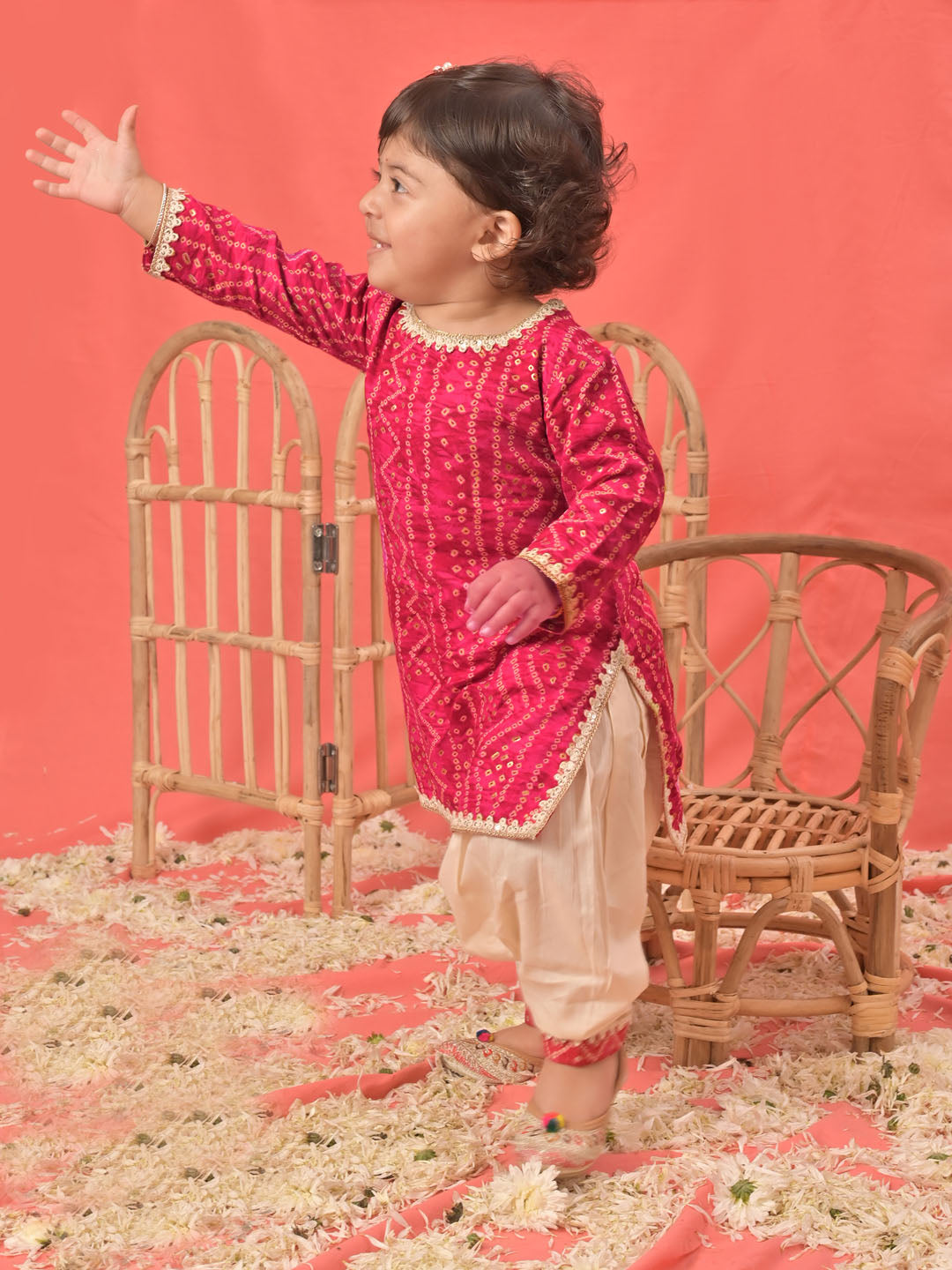 Girl's Pink Bandhni Print Kurta And Patiala Set