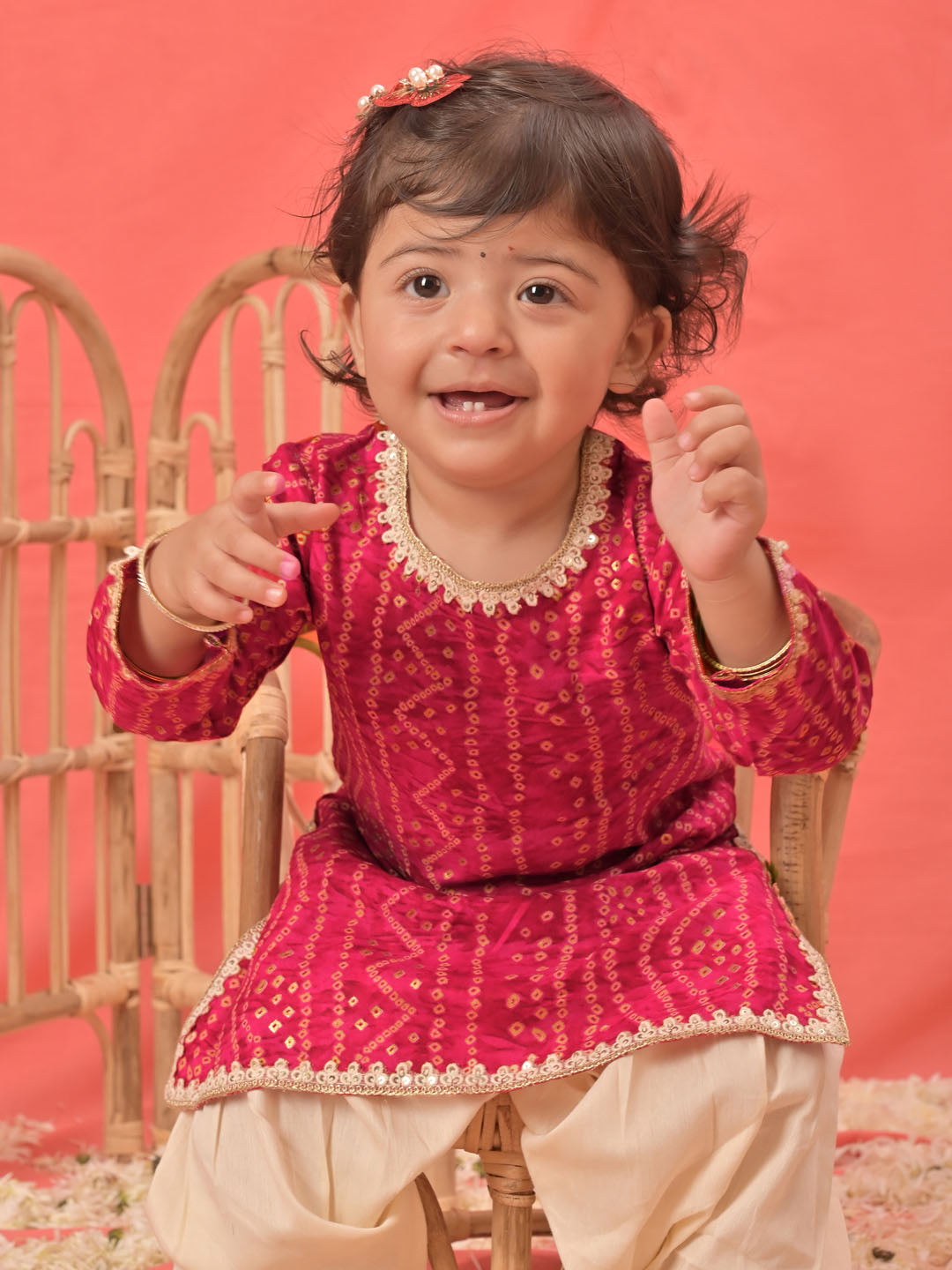 Girl's Pink Bandhni Print Kurta And Patiala Set