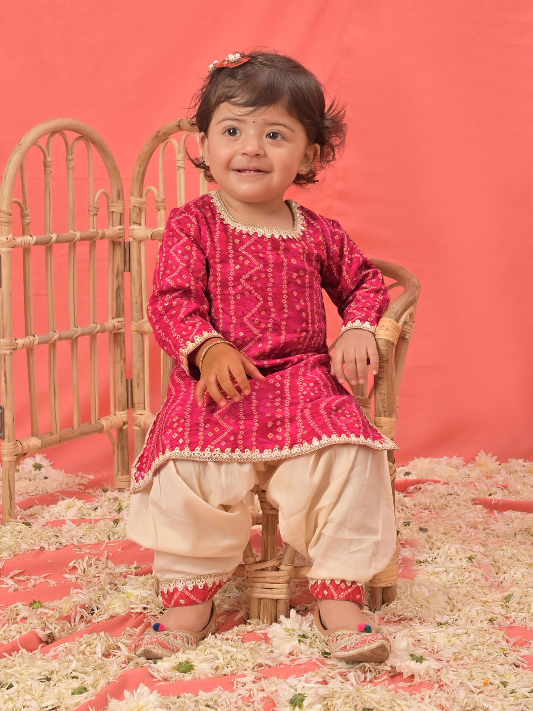 Girl's Pink Bandhni Print Kurta And Patiala Set