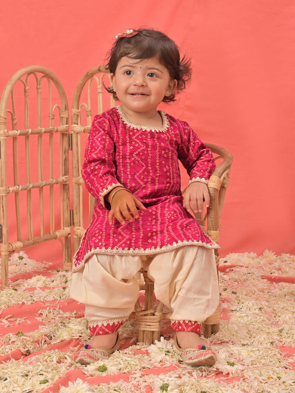 Girl's Pink Bandhni Print Kurta And Patiala Set