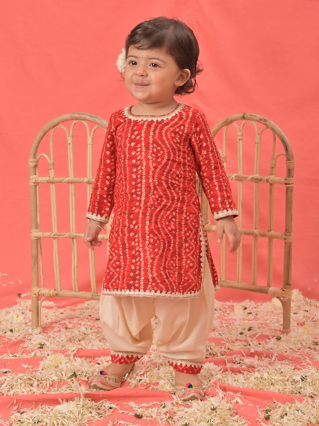 Girl's Red Bandhni Print Kurta And Patiala Set