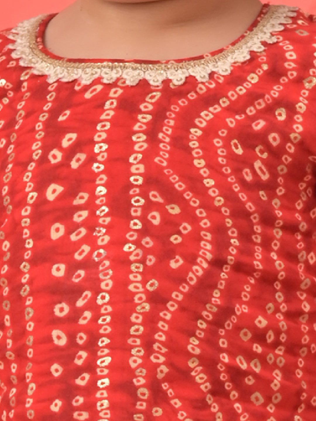 Girl's Red Bandhni Print Kurta And Patiala Set