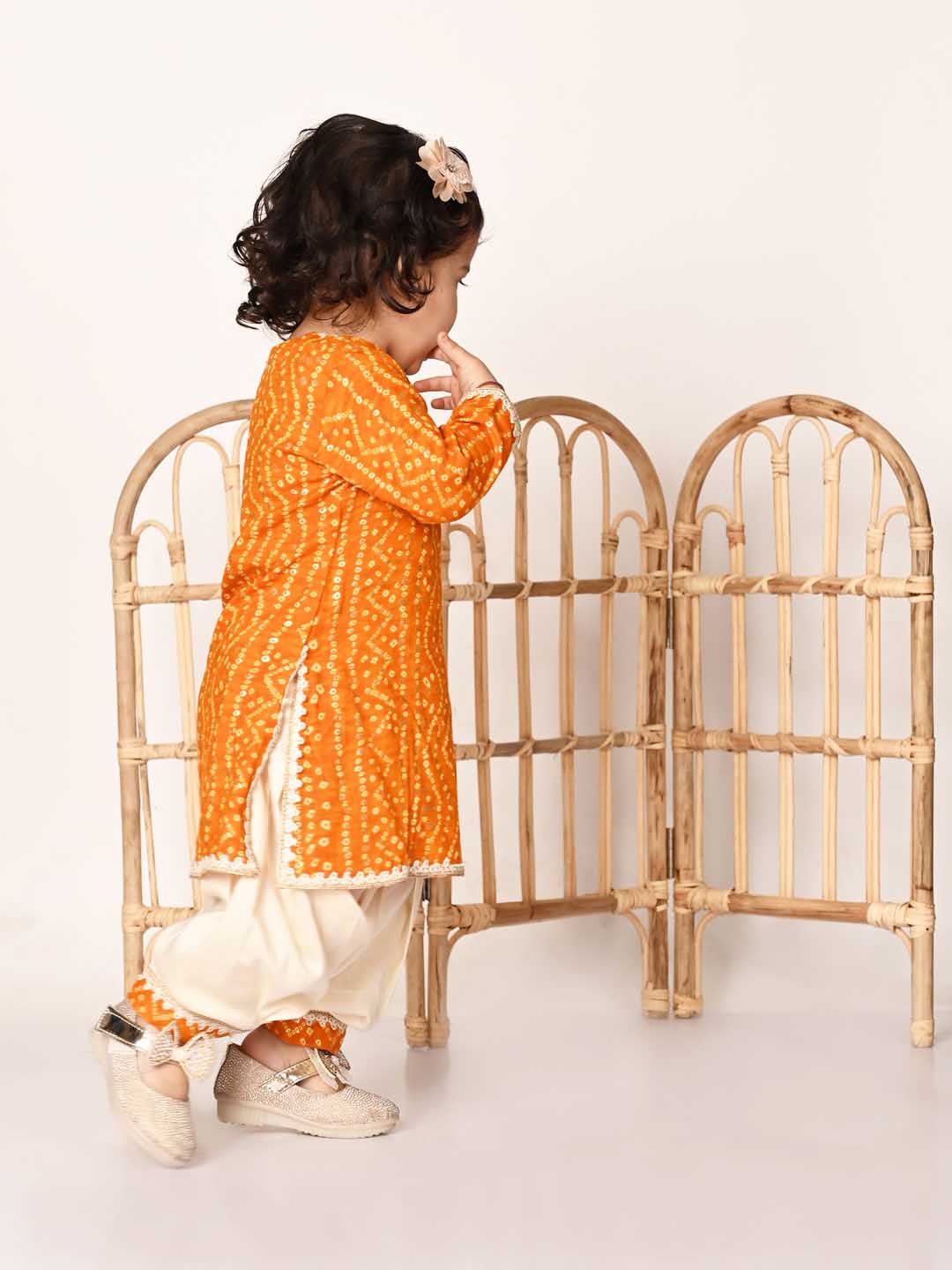 Girl's Yellow Bandhni Print Kurta And Patiala Set