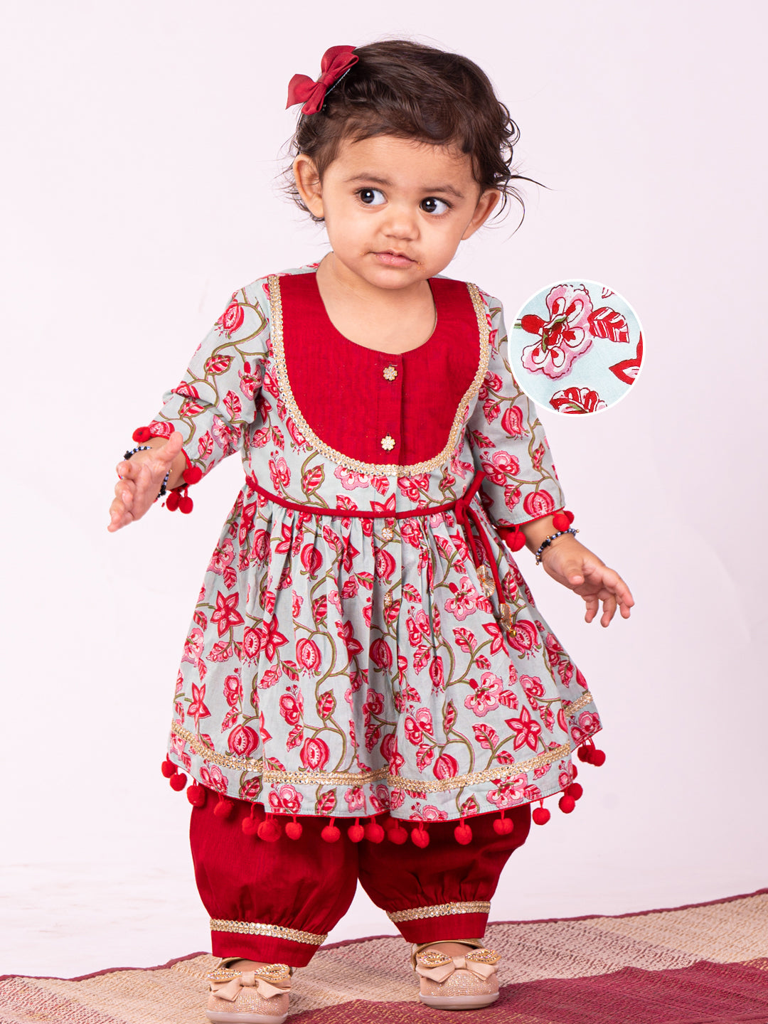 Girl's' Aqua Base Red Kurta And Pant Set
