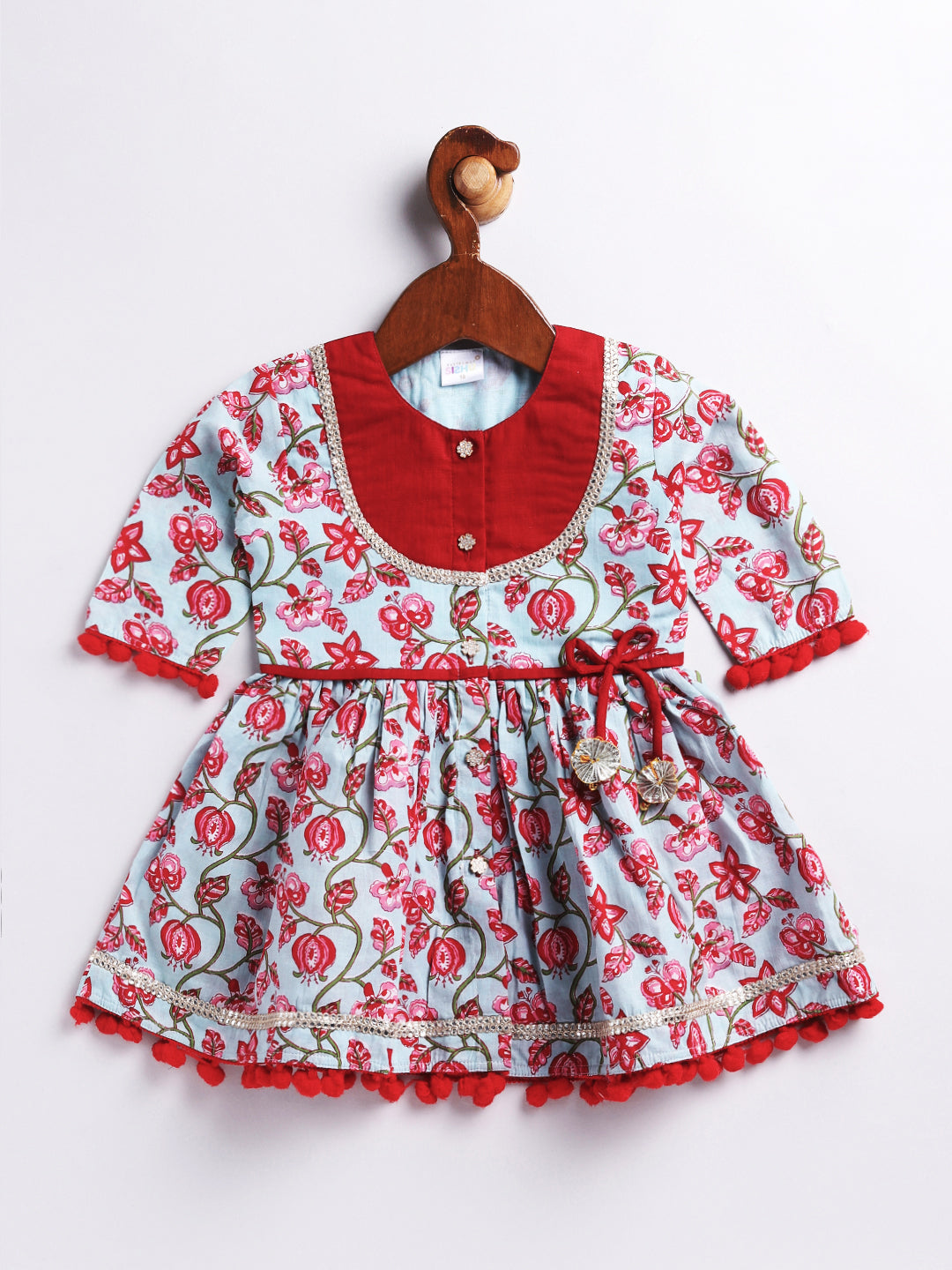 Girl's' Aqua Base Red Kurta And Pant Set