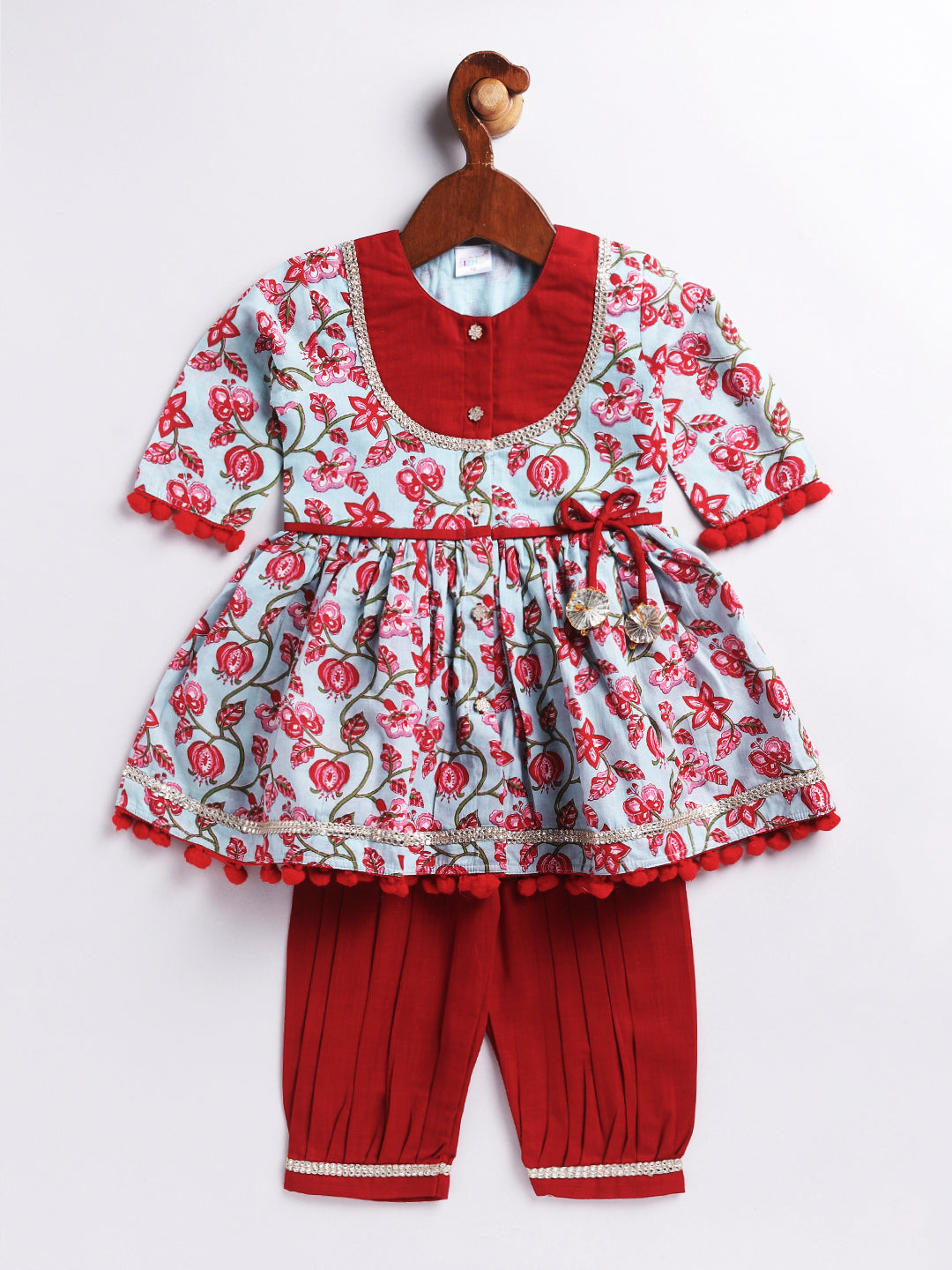 Girl's' Aqua Base Red Kurta And Pant Set