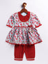 Girl's' Aqua Base Red Kurta And Pant Set