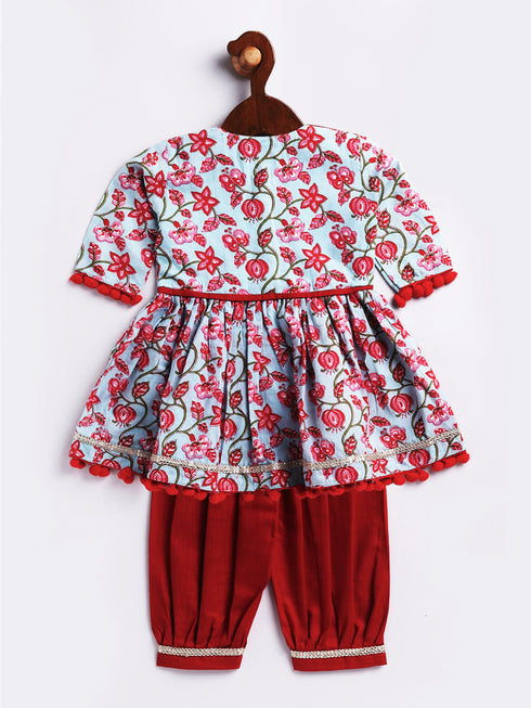 Girl's' Aqua Base Red Kurta And Pant Set