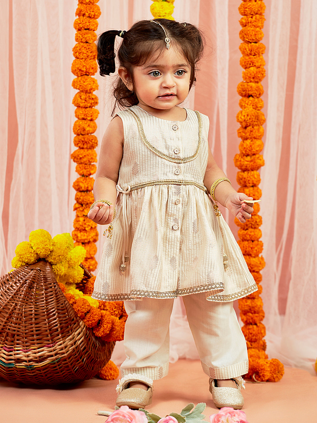 Girl's' Cream Kurta Pant Set