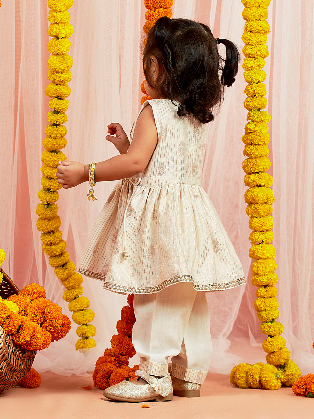 Girl's' Cream Kurta Pant Set