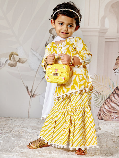 Girl's Yellow White Floral Cotton Kurta Sharara Set With Dupatta