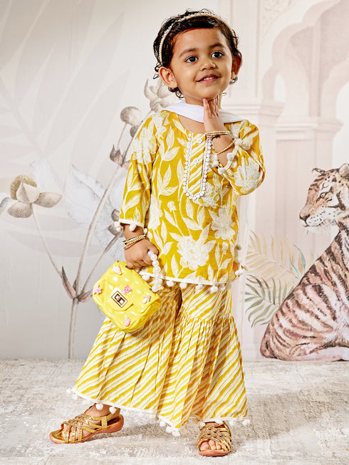 Girl's Yellow White Floral Cotton Kurta Sharara Set With Dupatta