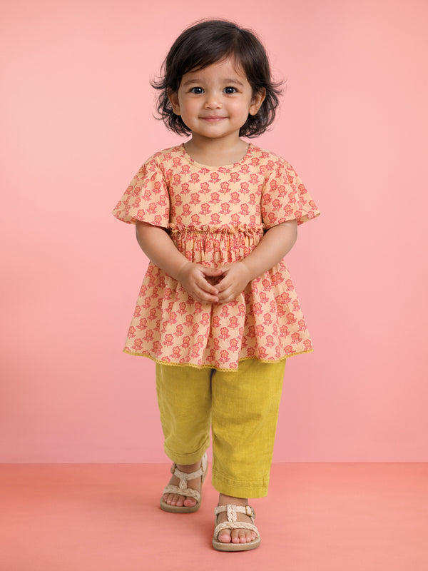 Girls' Peach Cotton Floral A-Line Kurta & Mustard Pant Set
