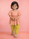 Girls' Peach Cotton Floral A-Line Kurta & Mustard Pant Set