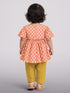Girls' Peach Cotton Floral A-Line Kurta & Mustard Pant Set
