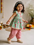 Girls's Mint Cotton-Blend Floral Print Thigh Length Kurta And Pyjama Set
