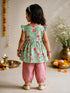 Girls's Mint Cotton-Blend Floral Print Thigh Length Kurta And Pyjama Set