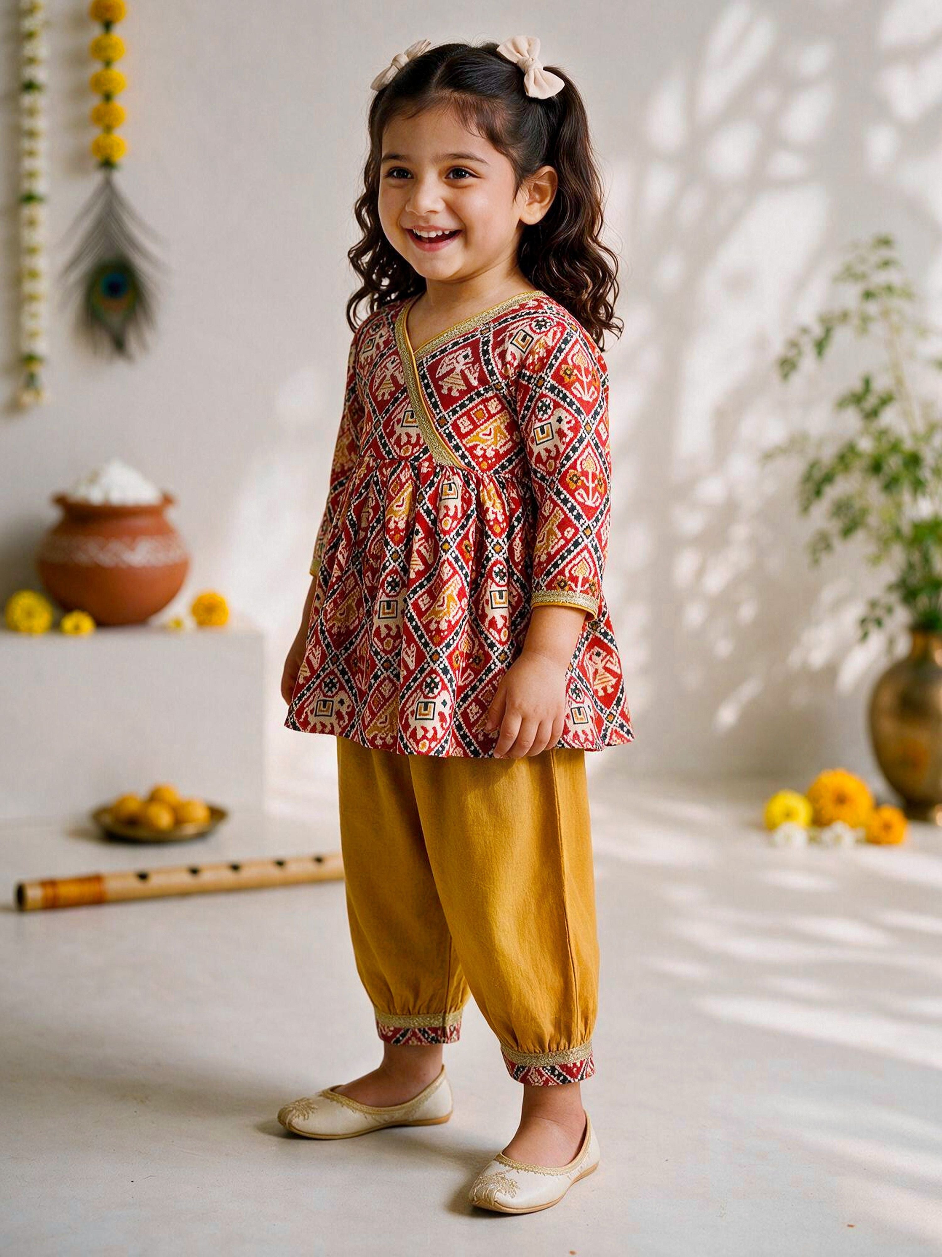 Girls Red Cotton Ikkat Thigh Length Kurta and Pyjama Set