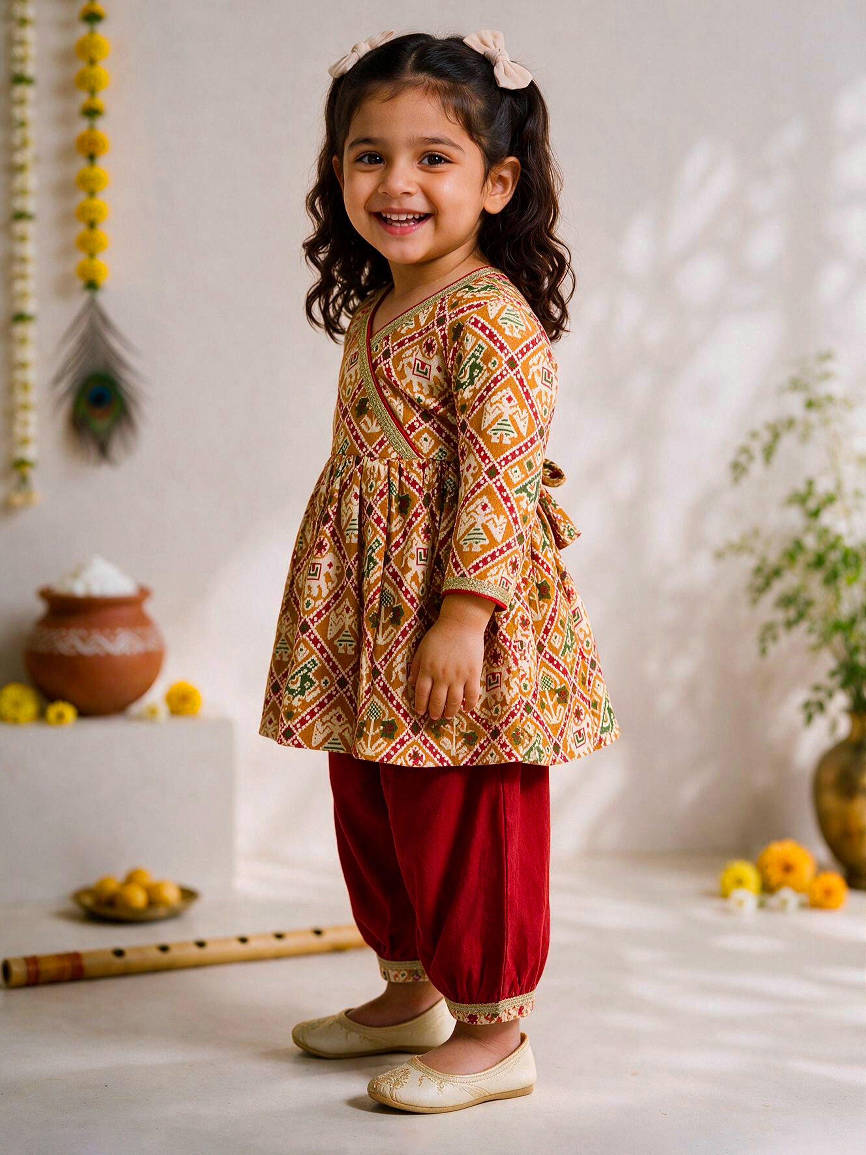 Girls Mustard Cotton Ikkat Thigh Length Kurta and Pyjama Set