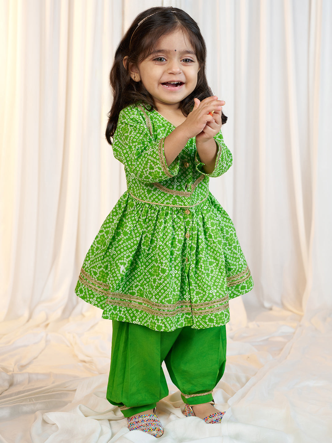 Girls Green Cotton Bandhani Kurta Patiala Set with Digital Print