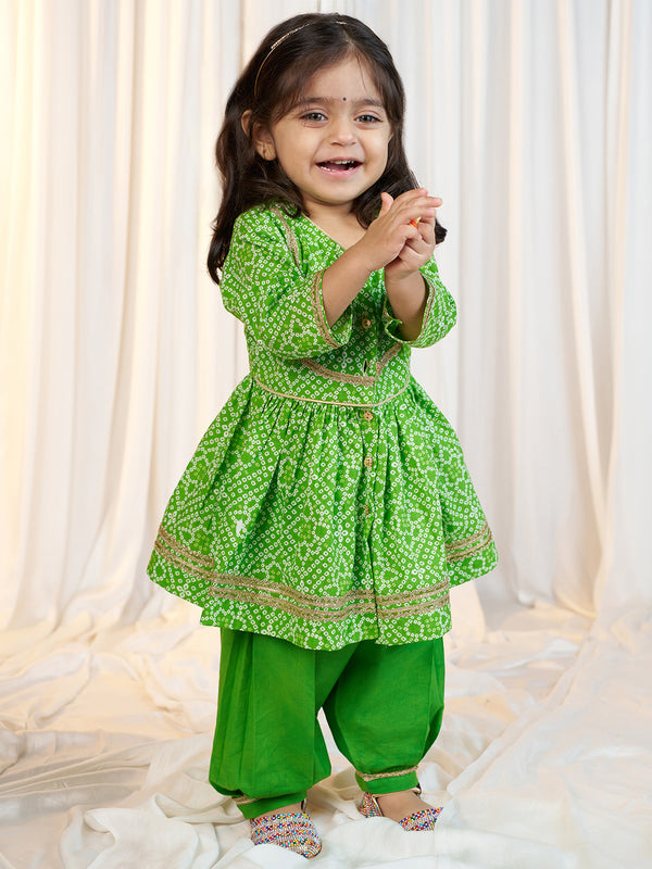 Girls Green Cotton Bandhani Kurta Patiala Set with Digital Print