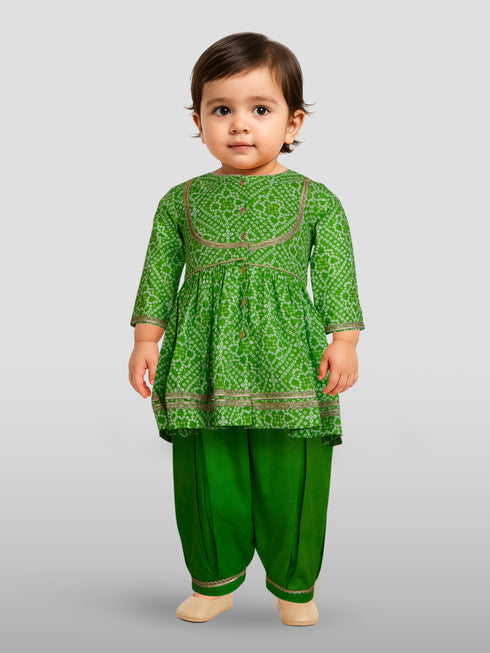 Girls Green Cotton Bandhani Kurta Patiala Set with Digital Print