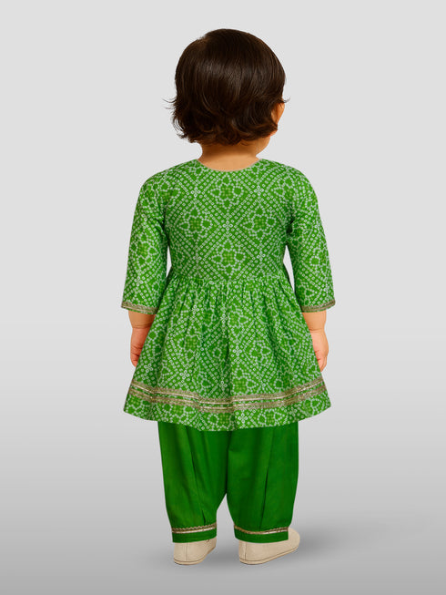 Girls Green Cotton Bandhani Kurta Patiala Set with Digital Print