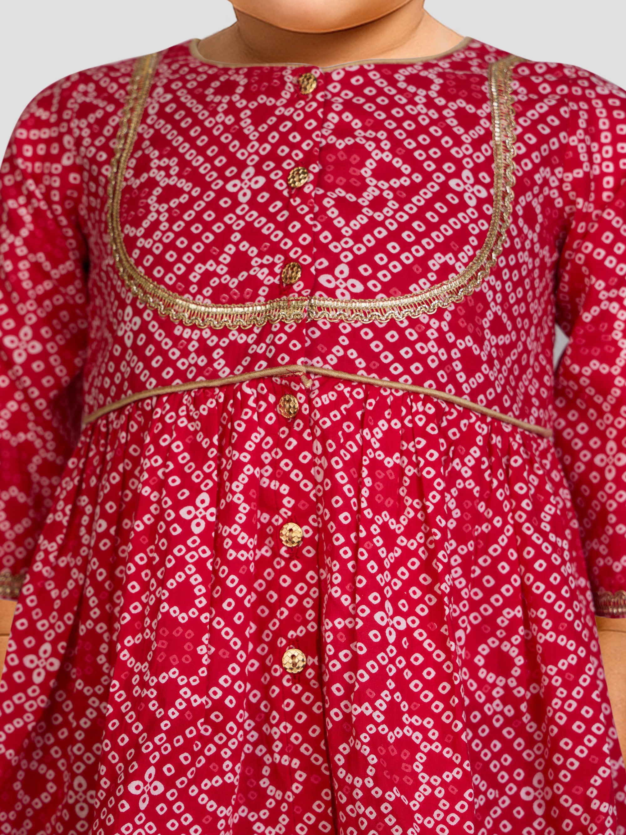 Girls Red Cotton Bandhani Kurta Patiala Set with Digital Print