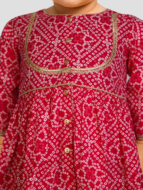 Girls Red Cotton Bandhani Kurta Patiala Set with Digital Print
