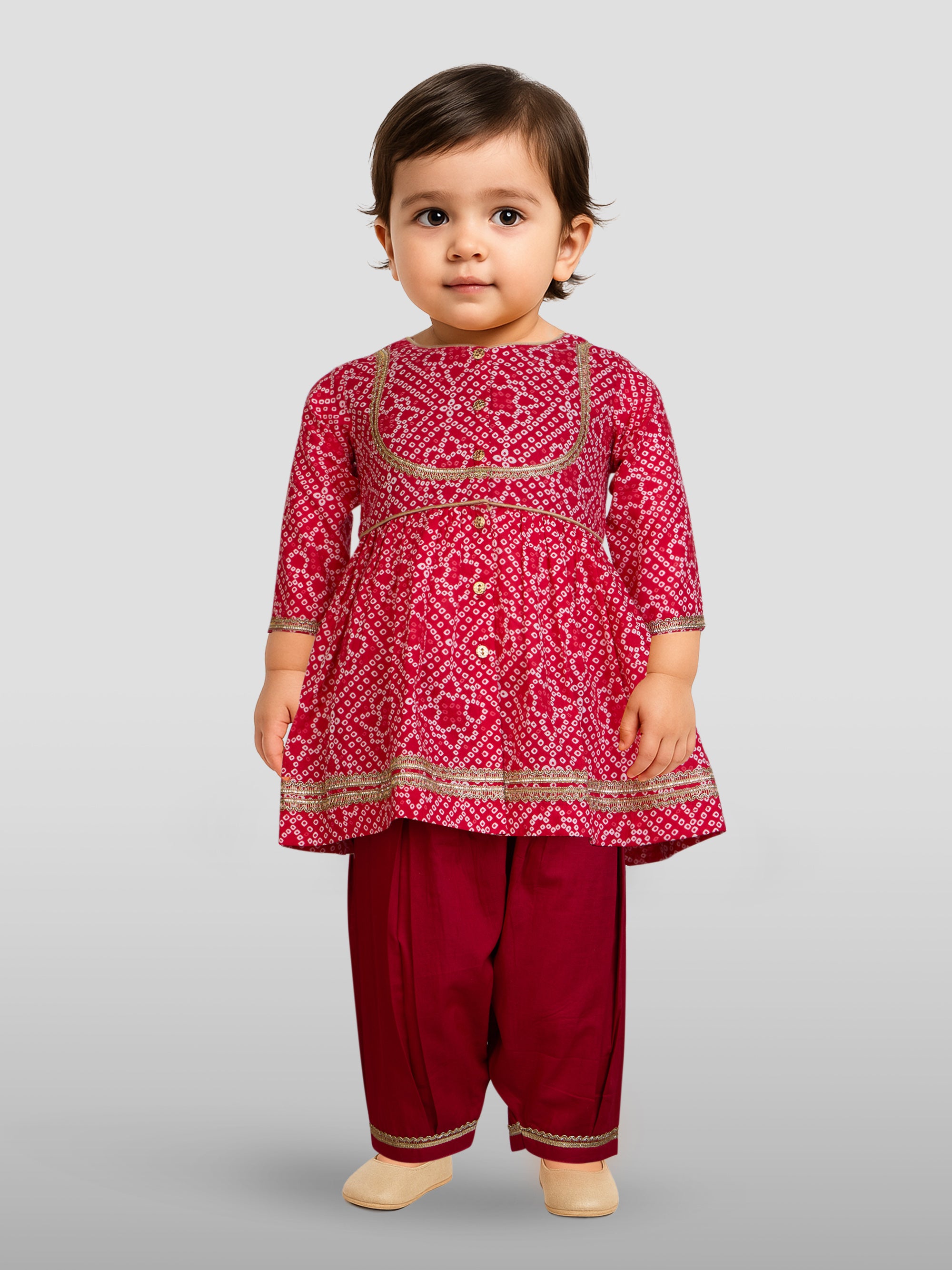 Girls Red Cotton Bandhani Kurta Patiala Set with Digital Print