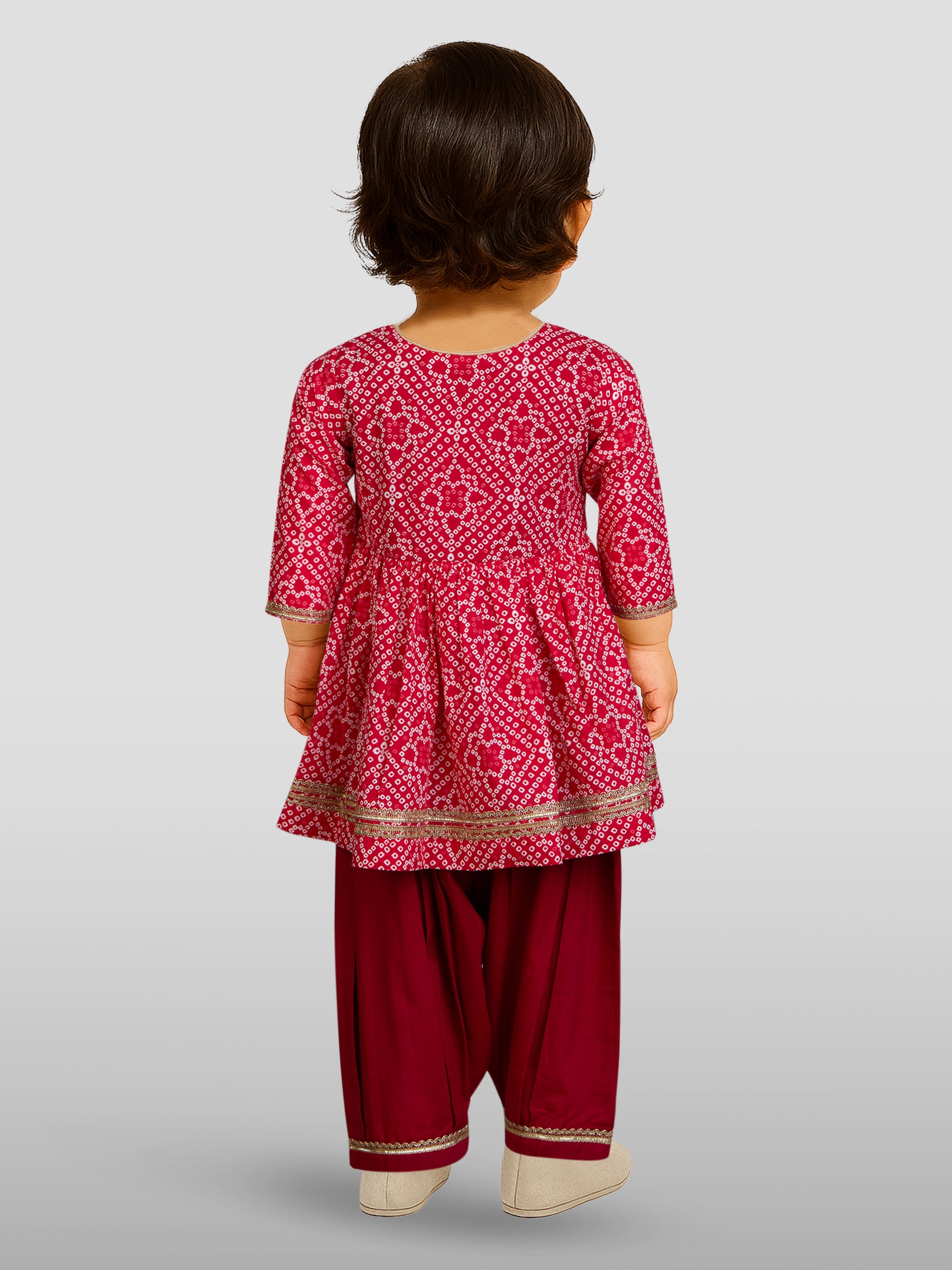 Girls Red Cotton Bandhani Kurta Patiala Set with Digital Print