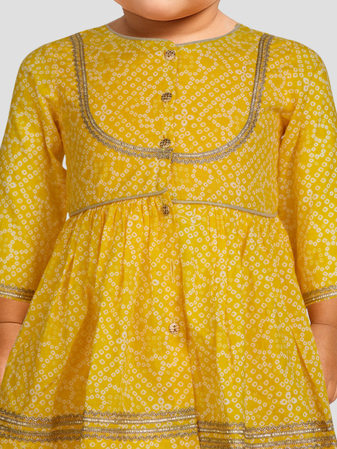 Girls Yellow Cotton Bandhani Kurta Patiala Set with Digital Print