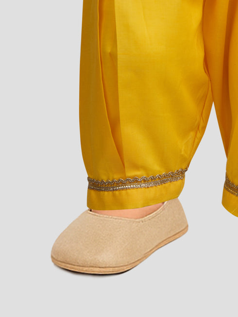 Girls Yellow Cotton Bandhani Kurta Patiala Set with Digital Print