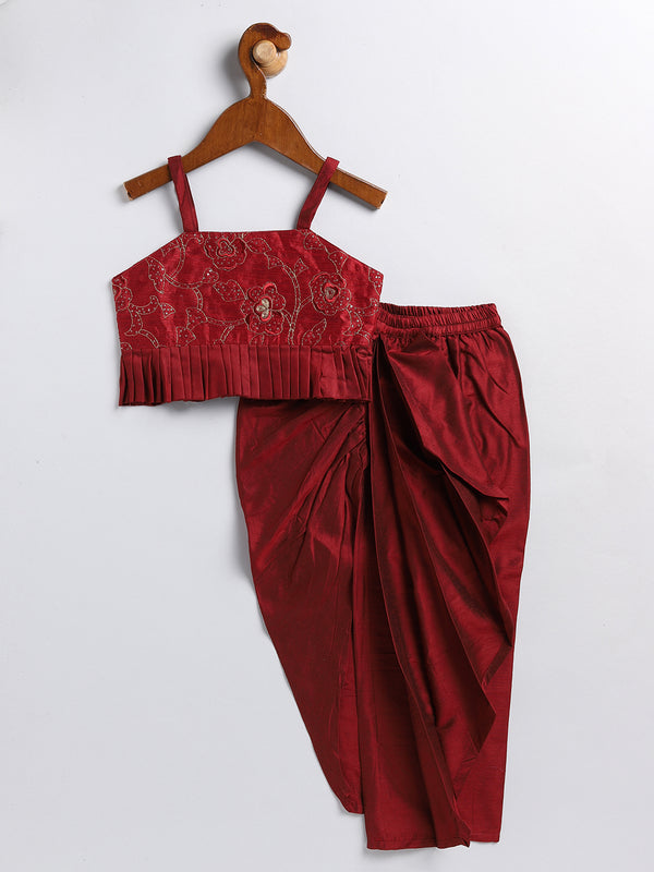 Sishu Girl's Maroon Draped Skirt With Crop Top