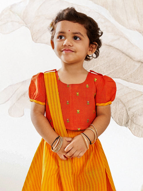 Girl's Orange Cotton Lehenga Set
