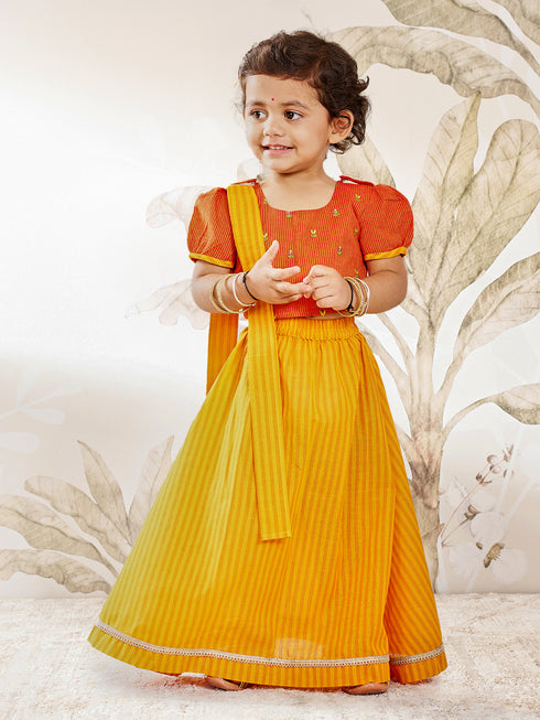 Girl's Orange Cotton Lehenga Set