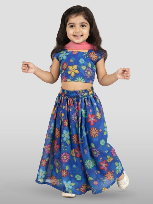 Vastramay Kids Blue Organza Lehenga Set