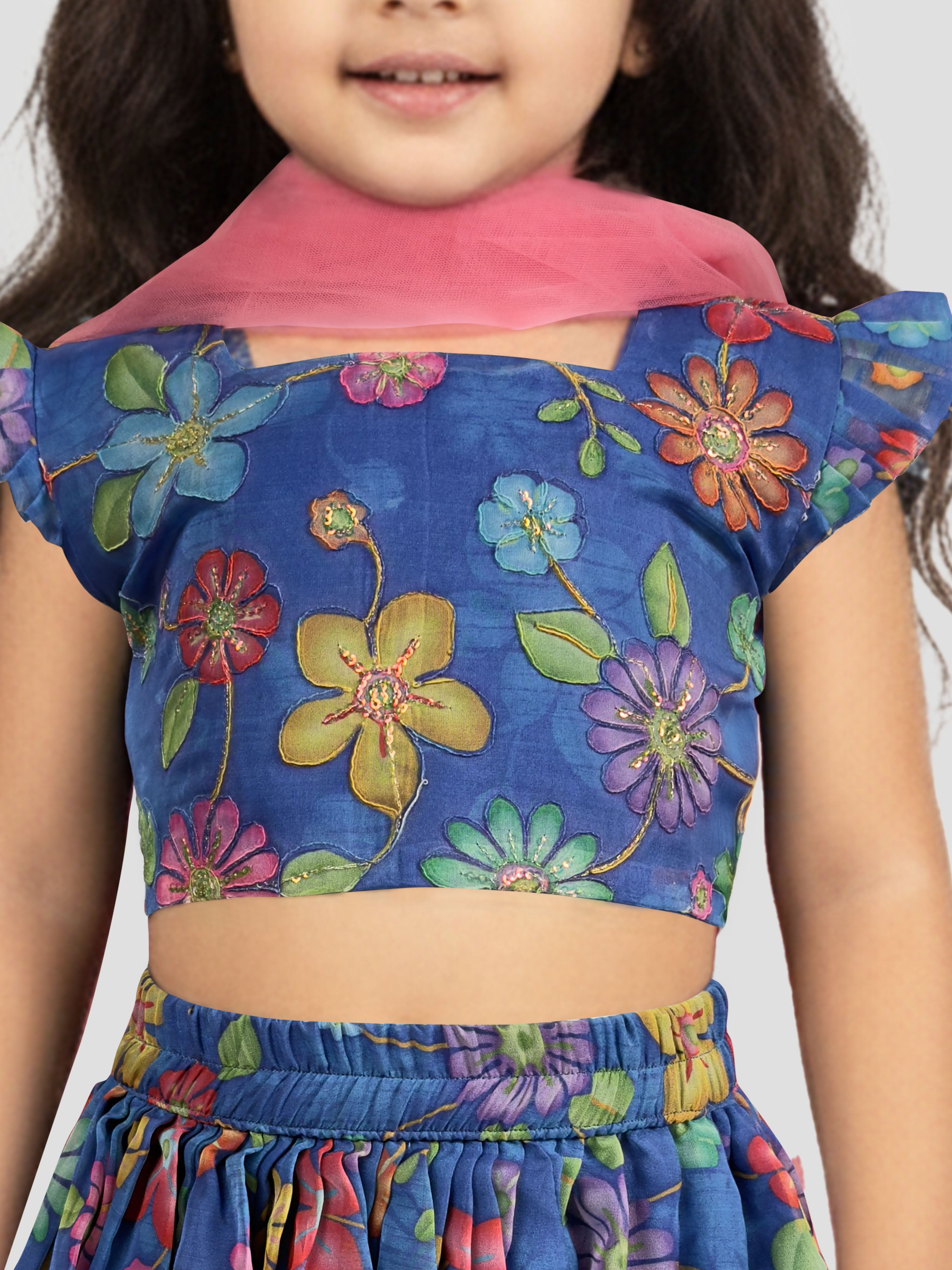 Vastramay Kids Blue Organza Lehenga Set