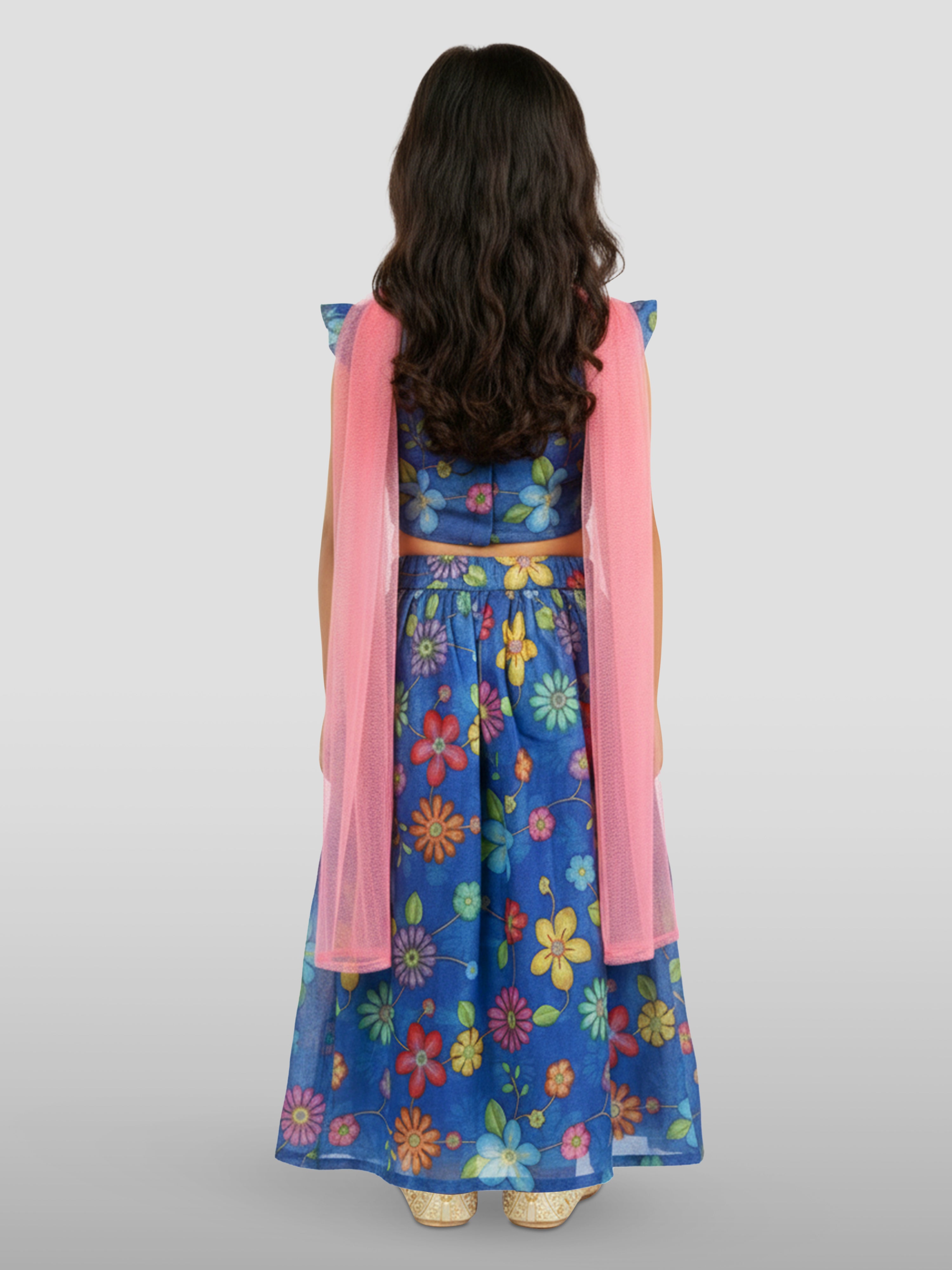 Vastramay Kids Blue Organza Lehenga Set