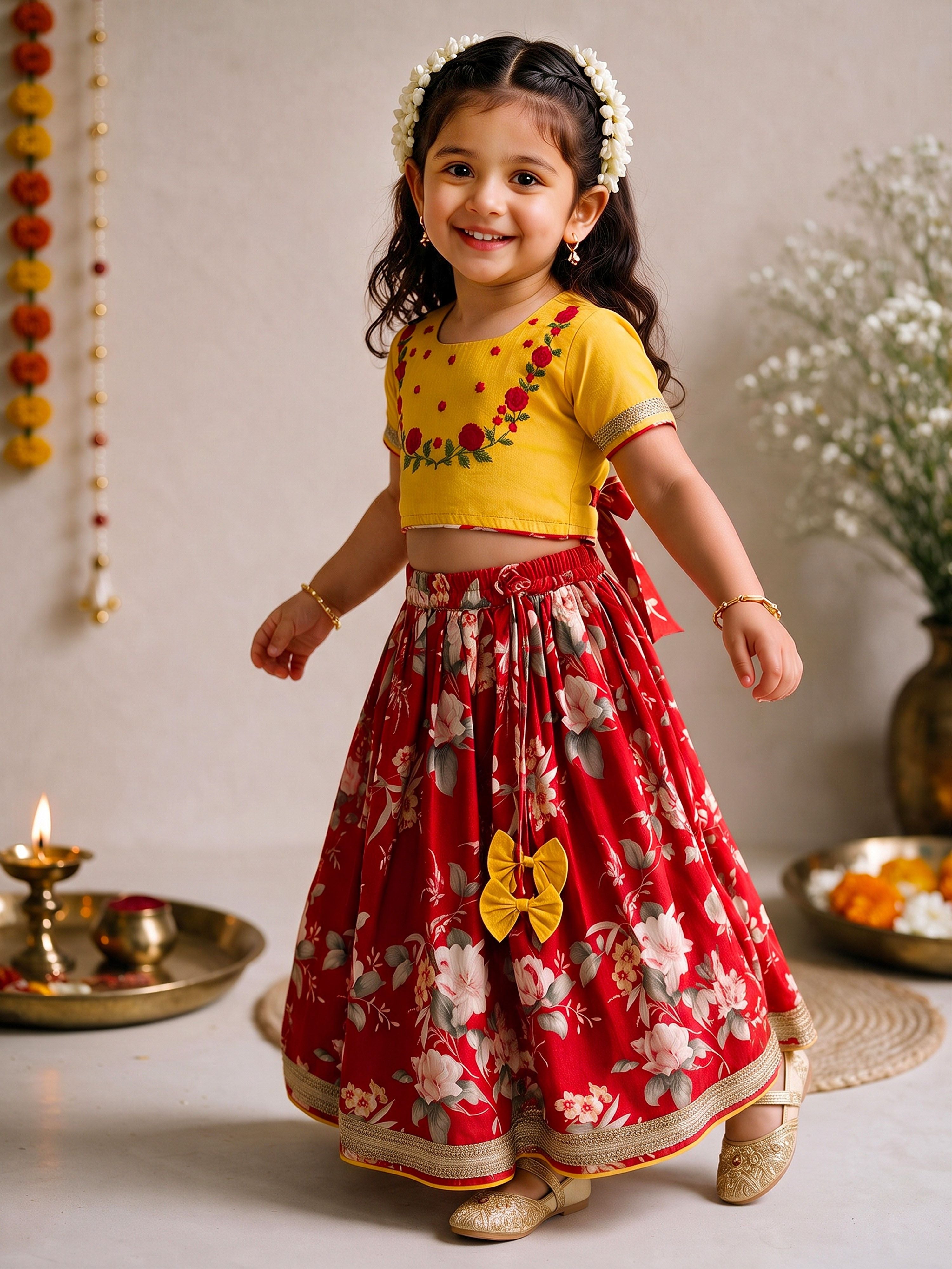 Girls Red Cambric Cotton Floral Print Cropped Length Lehenga Choli
