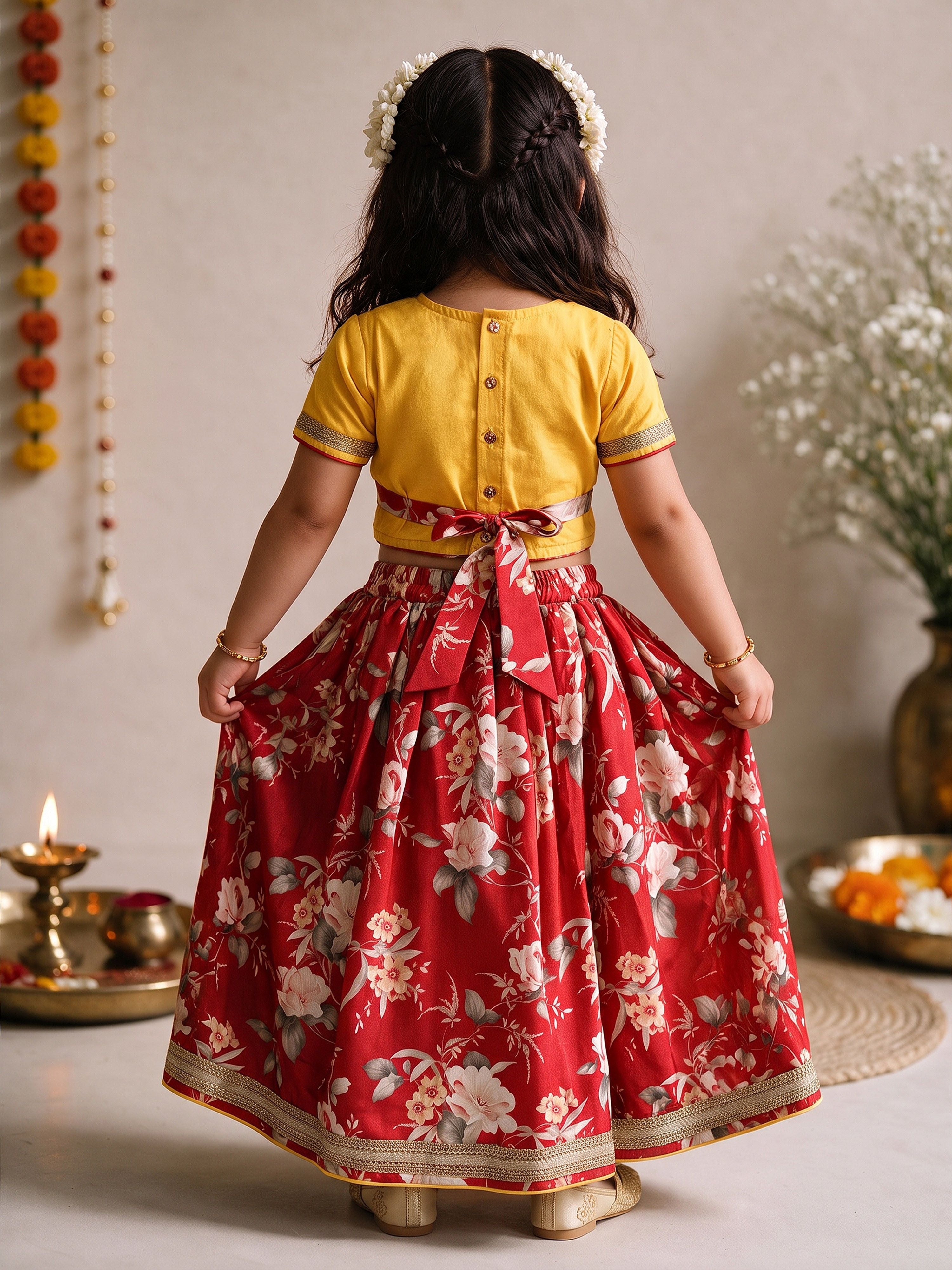 Girls Red Cambric Cotton Floral Print Cropped Length Lehenga Choli