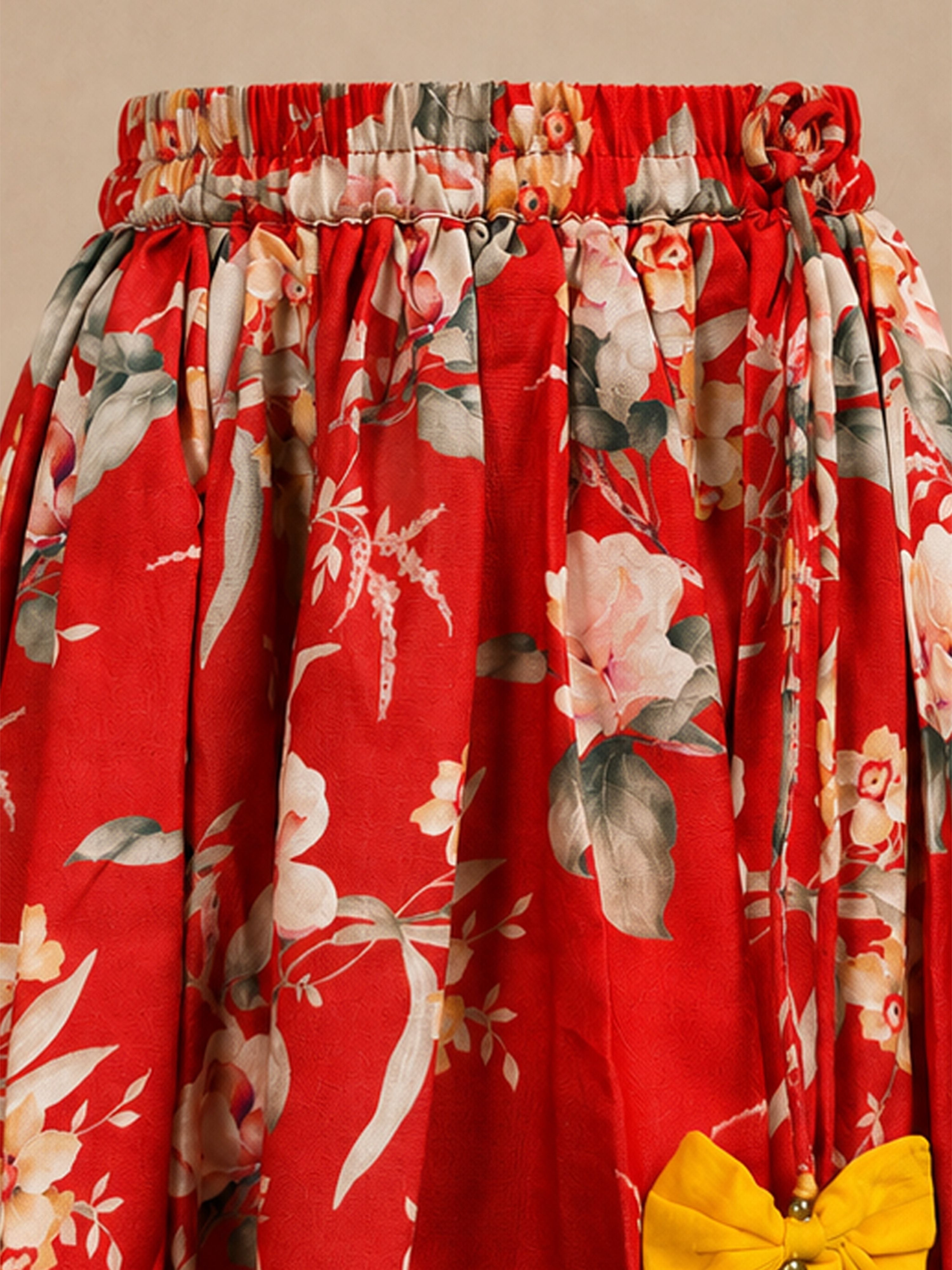 Girls Red Cambric Cotton Floral Print Cropped Length Lehenga Choli