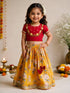 Girls Yellow Cambric Cotton Floral Print Cropped Length Lehenga Choli