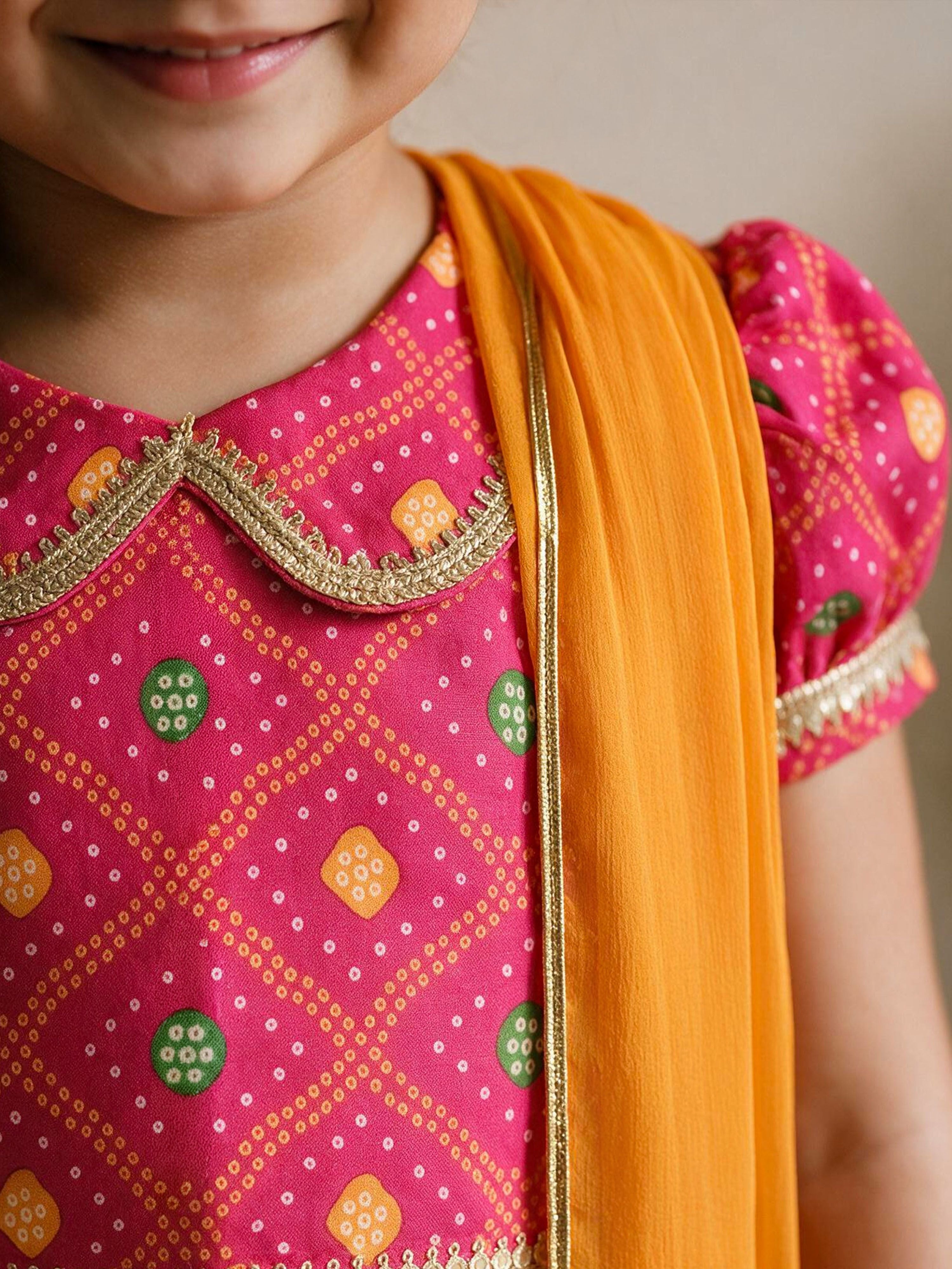 Girls's Pink Cotton-Blend Bandhni Cropped Length Lehenga With Choli And Dupatta Set