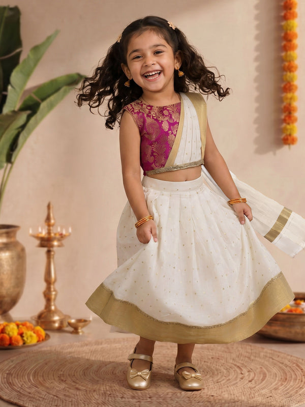 Off-White Cotton Silk Lehenga Set with Pink Jacquard Choli