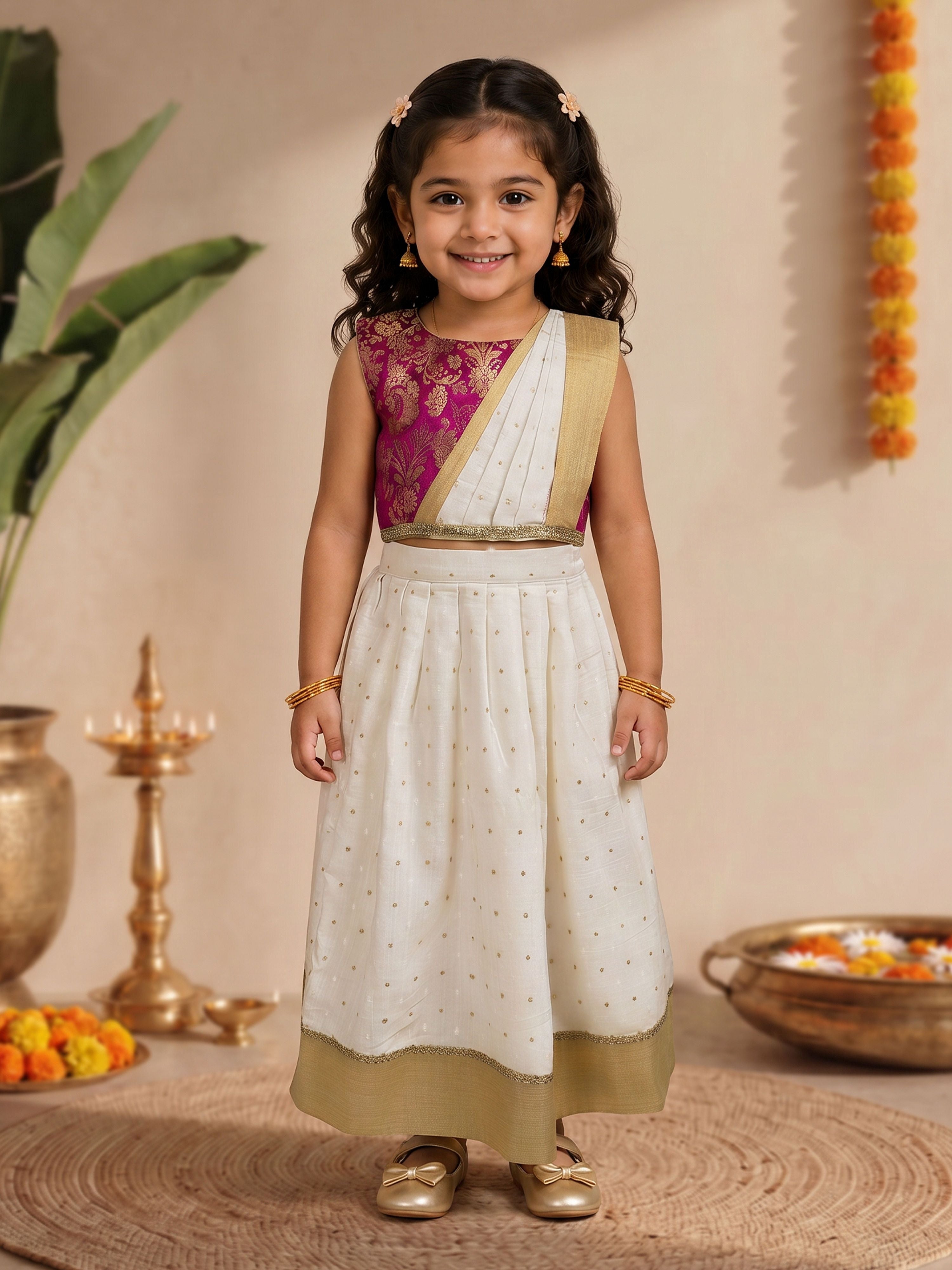 Girls's Off-White Cotton-Silk Self Design Cropped Length Lehenga & Choli with attached Dupatta