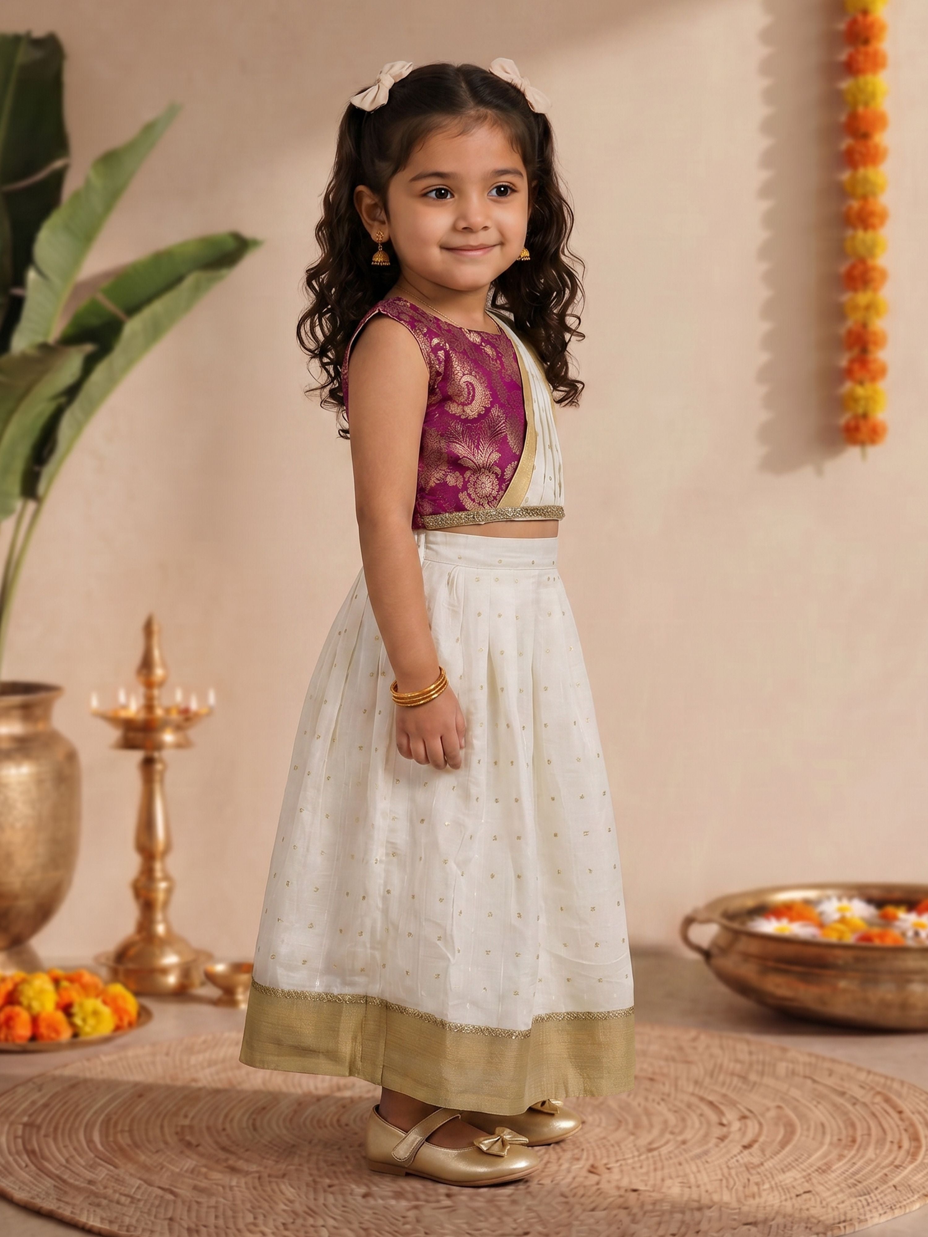 Girls's Off-White Cotton-Silk Self Design Cropped Length Lehenga & Choli with attached Dupatta
