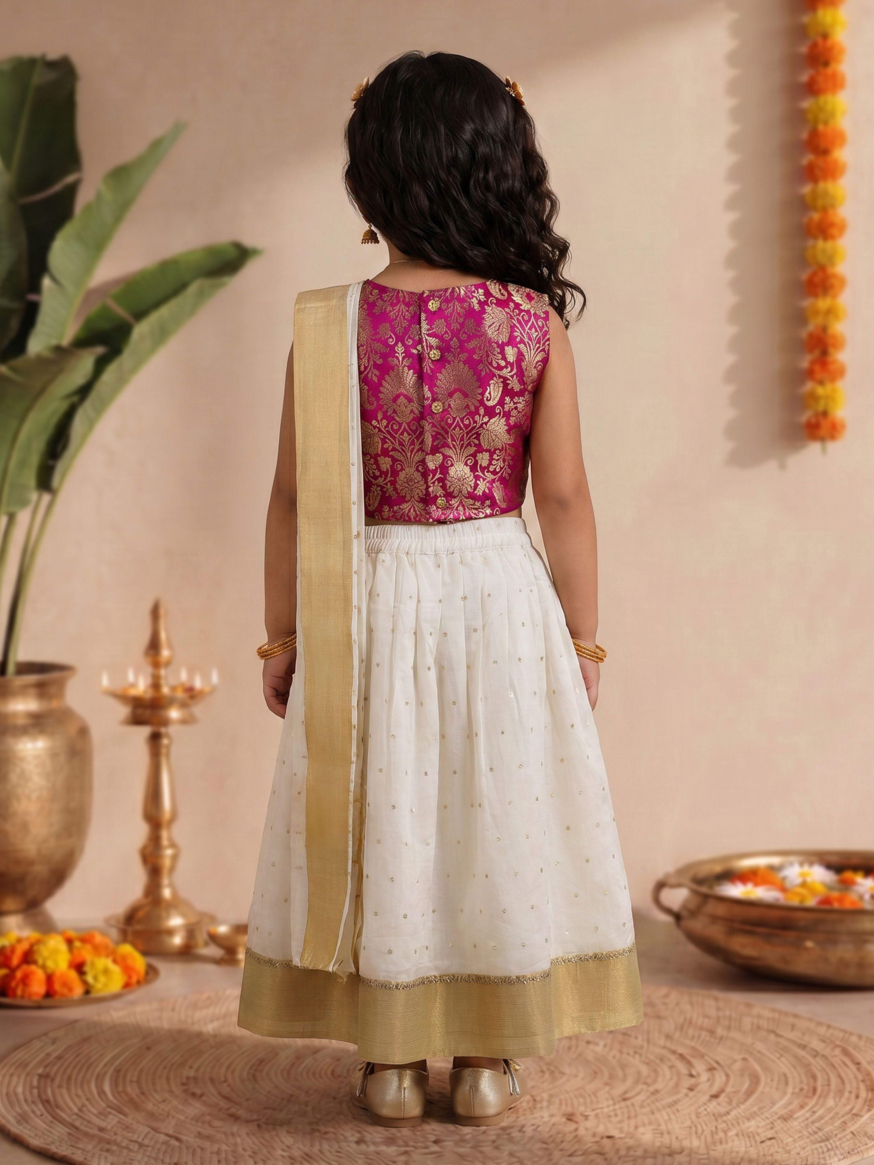 Girls's Off-White Cotton-Silk Self Design Cropped Length Lehenga & Choli with attached Dupatta
