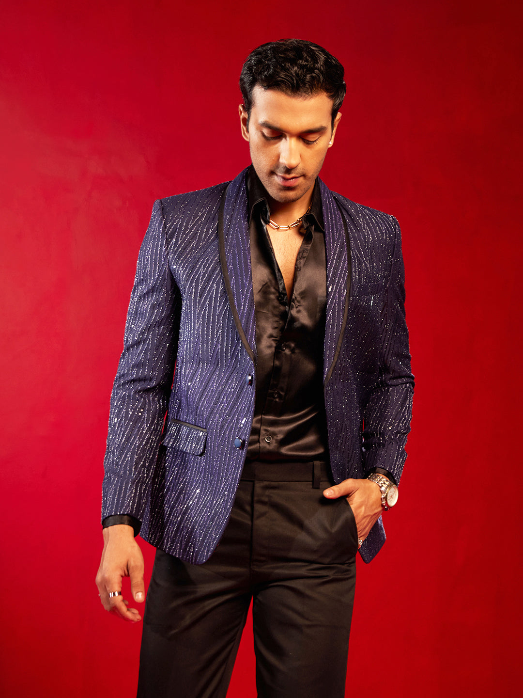 Men's Navy Blue Silk Blend Blazer