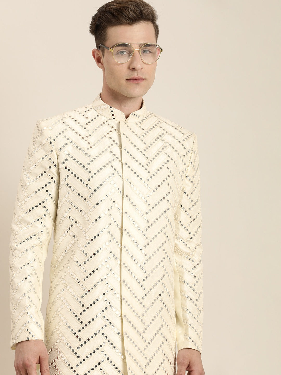 Men's Cream Mirror Indo Western Sherwani With Pant Set